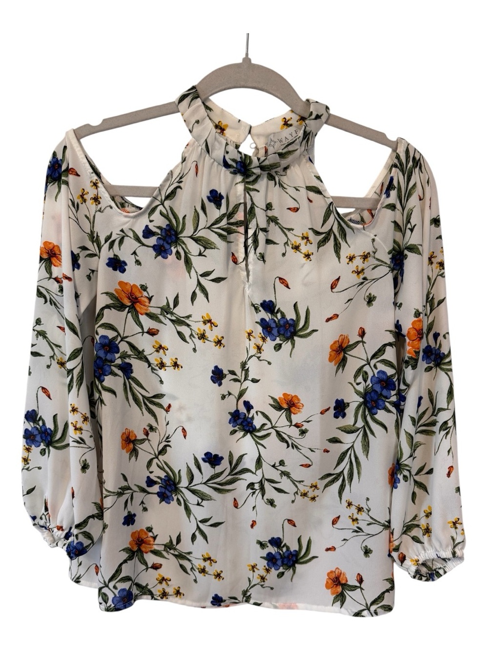 WAYF Cold-Shoulder Blouse - White with Blue & Orange Flowers Mock Neck Size XS